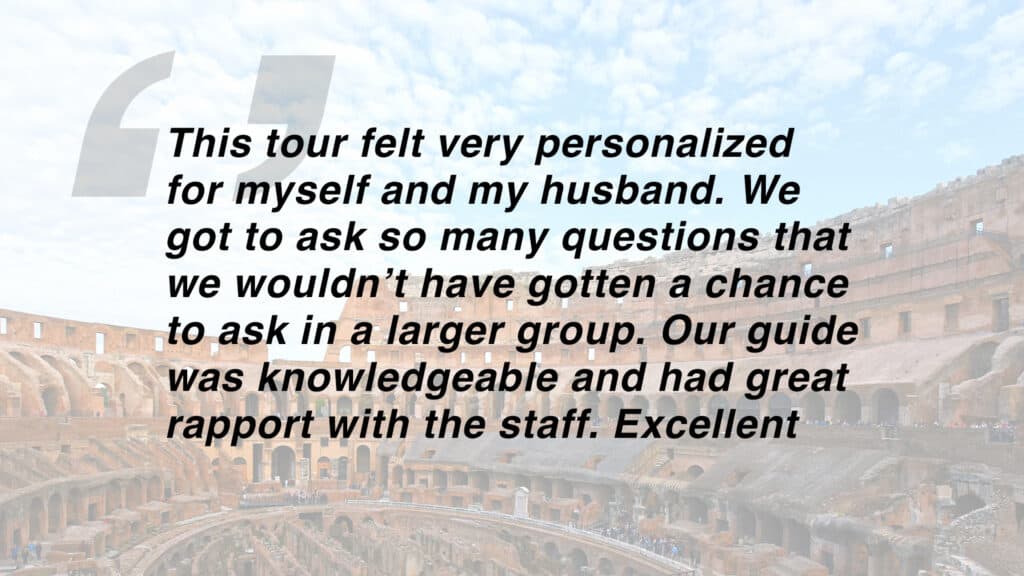 A review of the tour which reads: "This tour felt very personalized for myself and my husband. We got to ask so many questions that we wouldn't have gotten a chance to ask in a larger group. Our guide was knowledgeable and had great rapport with the staff. Excellent"