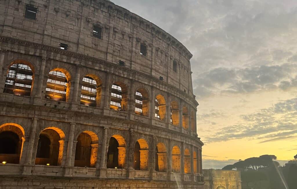 A picture of the Colosseum at sunset. 