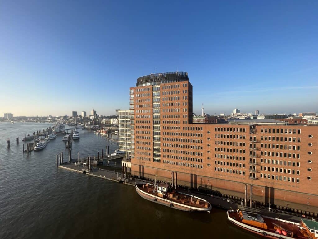 A picture of Hamburg's port taken from Elbphilharmonie Plaza, one of the best views to see while spending a weekend in Hamburg.