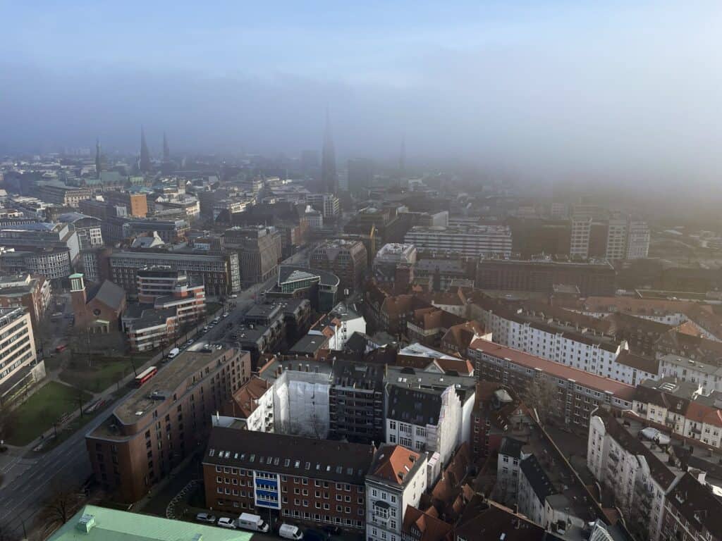 A picture of Hamburg from St. Michel's Church. It's a view looking over the city.