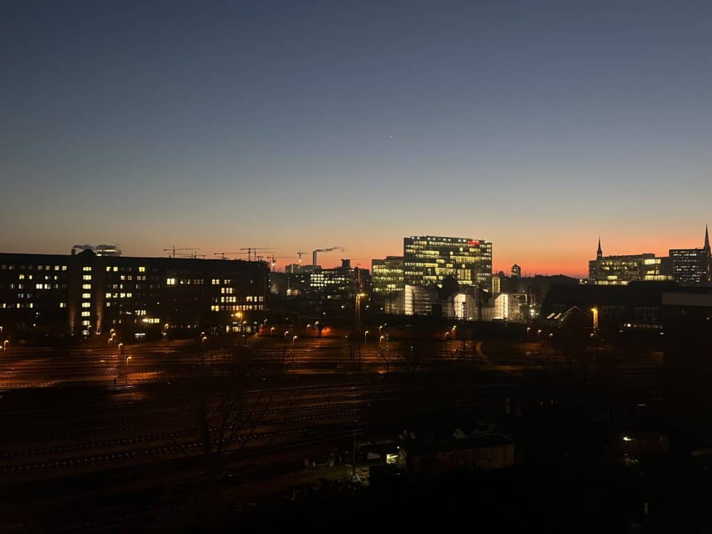 A picture of the view from our room at sunset.