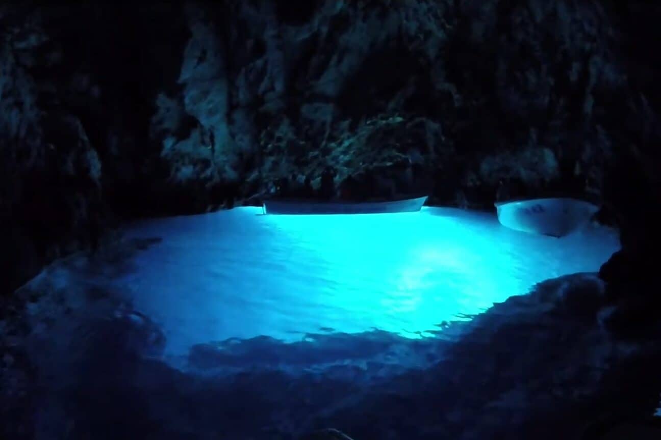 A picture of the water glowing in the Blue Cave during a Hvar and Blue Cave tour from Split. 