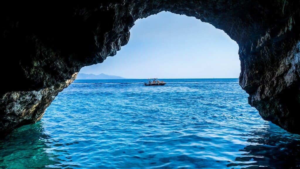 A picture looking out from the Blue Cave into the open sea. 