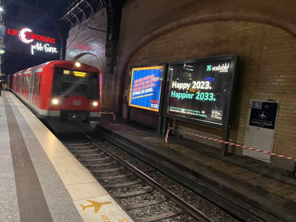 A picture of a train in a station. If you don't want to use Uber in Germany, public transport is a good option.