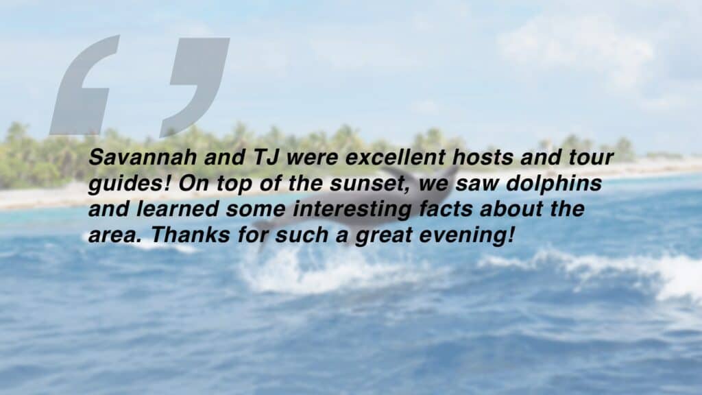 Review which says "Savannah and TJ were excellent hosts and tour guides! On top of the sunset, we saw dolphins and learned some interesting facts about the area. Thanks for such a great evening!"