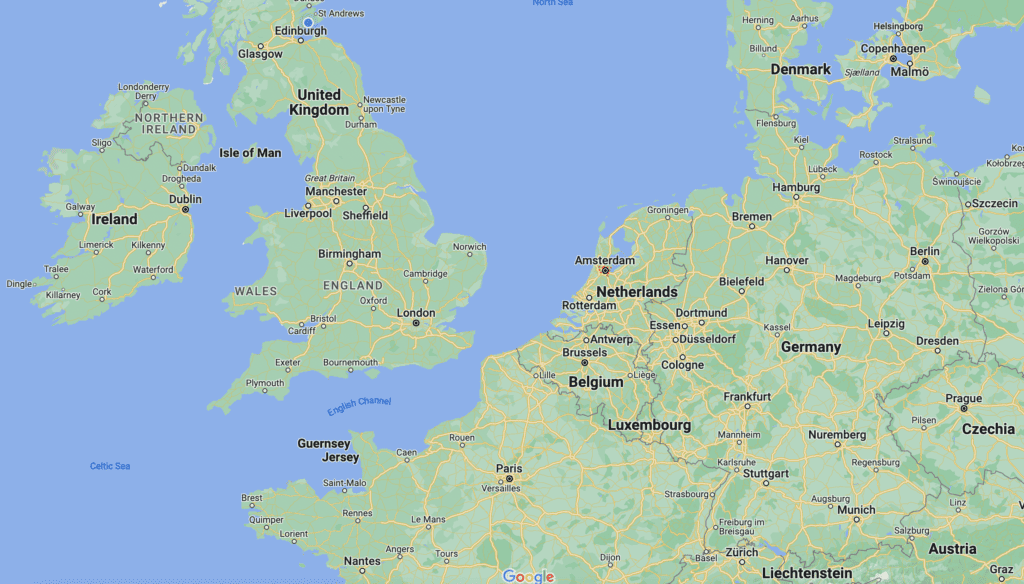 A screenshot from Google Maps showing mainland Europe. Is Amsterdam in Germany? No, the Netherlands.