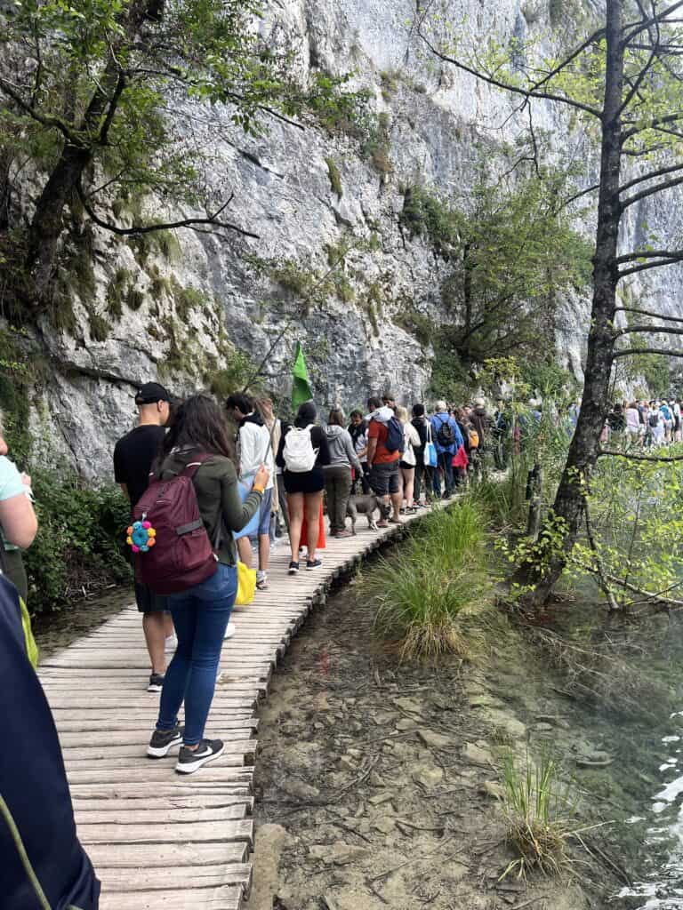 A picture of a queue along a boardwalk. The crowds are a concern at both Plitvice Lakes and Krka National Park.