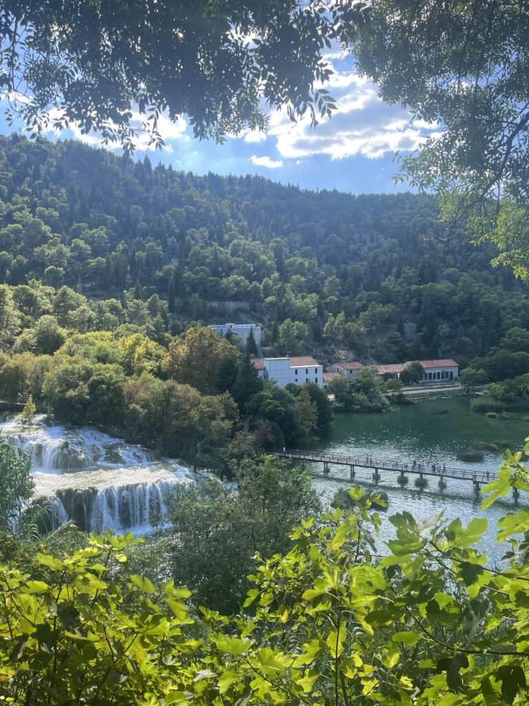 A panoramic view over Skradinski Buk and the surrounding area.