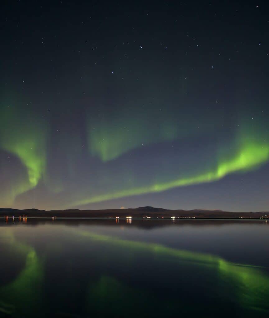 A picture of some green auroras. Seeing the northern lights is one of the best day trips from Reykjavik in winter no doubt about it.