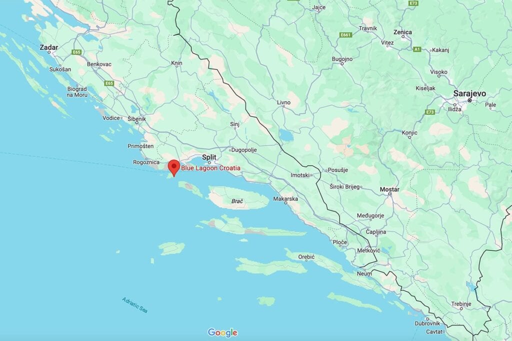 A Google Maps screenshot pinpointing the location of the Blue Lagoon in Croatia, near Split.