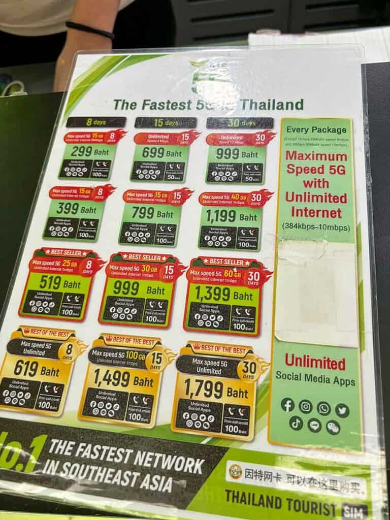 A pamphlet listing various prepaid SIM card options for tourists in Thailand, with different data plans and prices clearly displayed