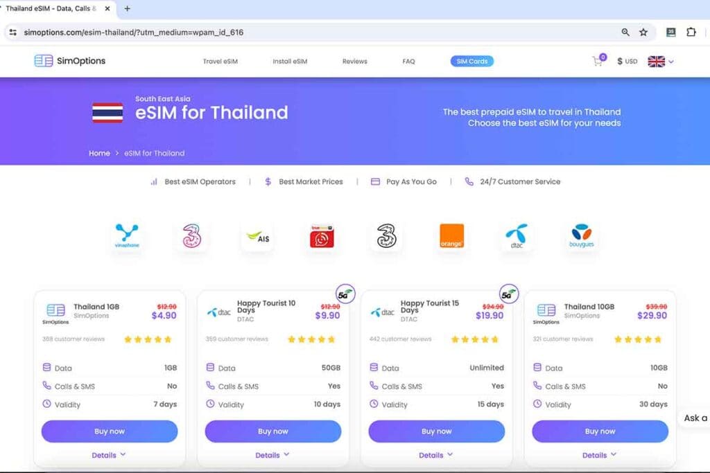 A screenshot of the SimOptions website displaying eSIM packages for Thailand, with clear pricing, data limits, and validity periods